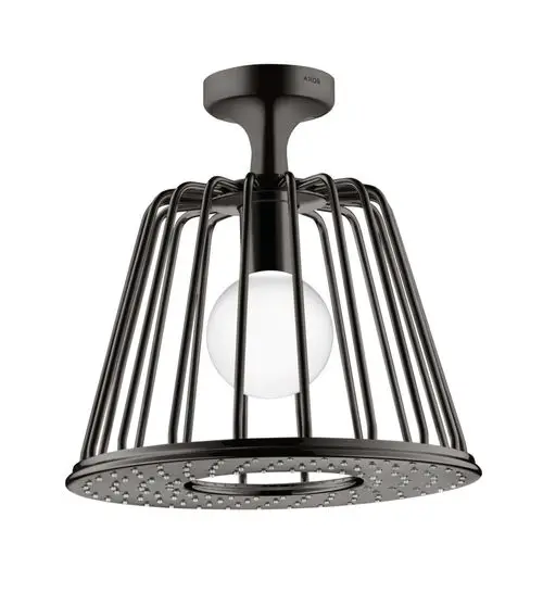 Deckeneinbauleuchte mit einem schwarzen, geprägten Schirm aus Metall und einer runden, weißen Glühbirne. Das Produkt ist von AXOR.